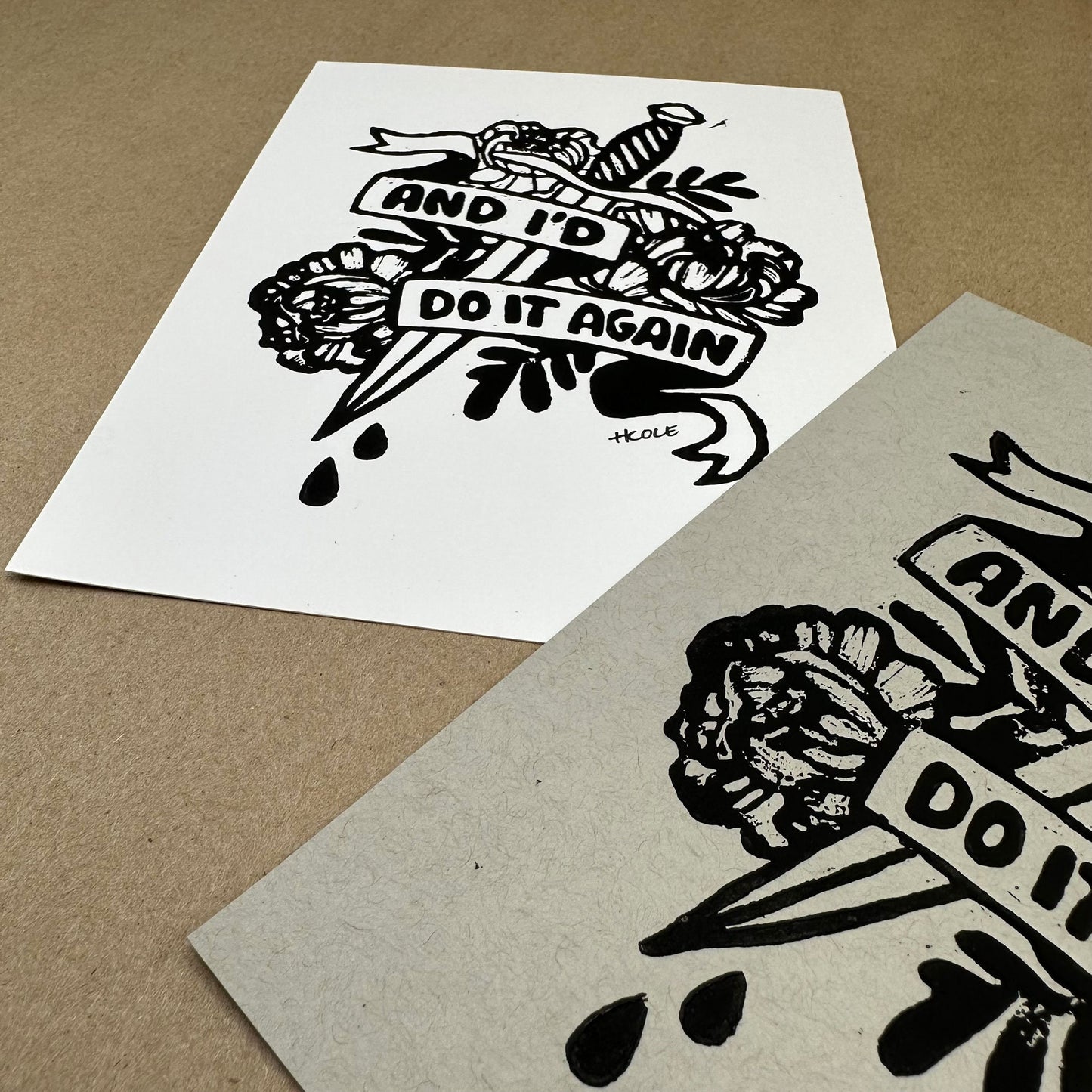 And I'd Do It Again - linocut print block print hand printed print making - tattoo dagger peony