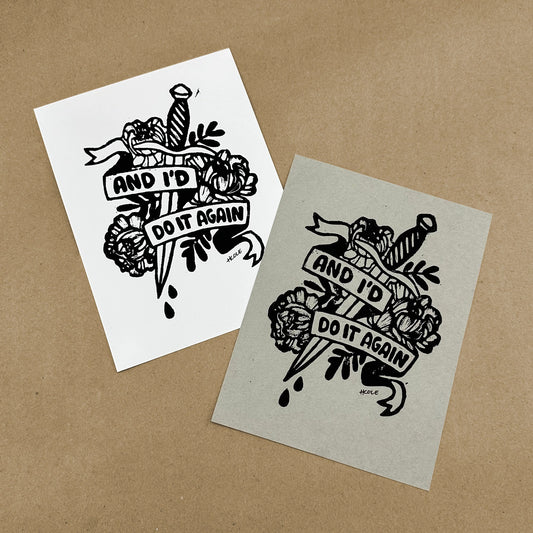 And I'd Do It Again - linocut print block print hand printed print making - tattoo dagger peony